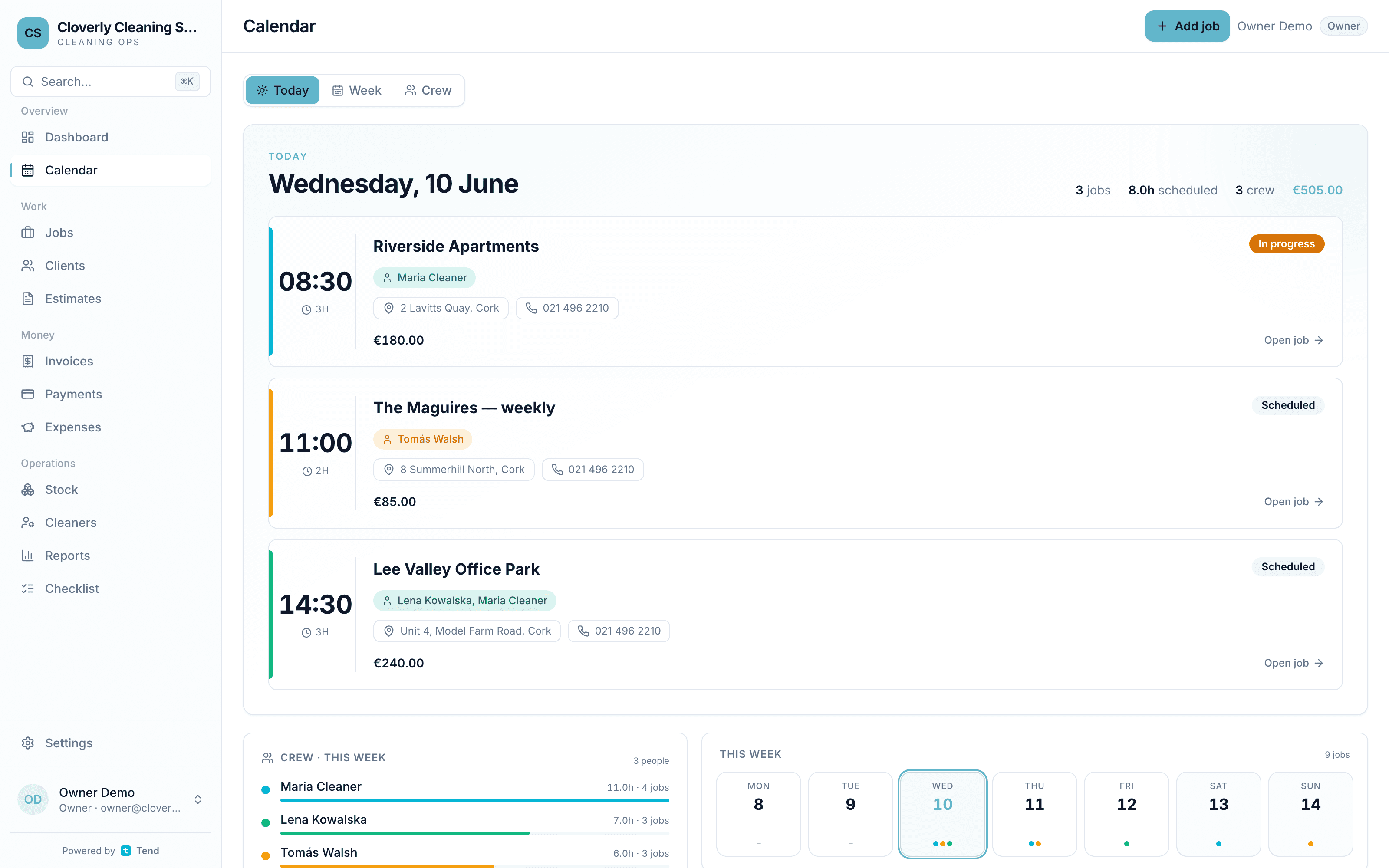 Tend calendar — today's jobs with times, crew and prices