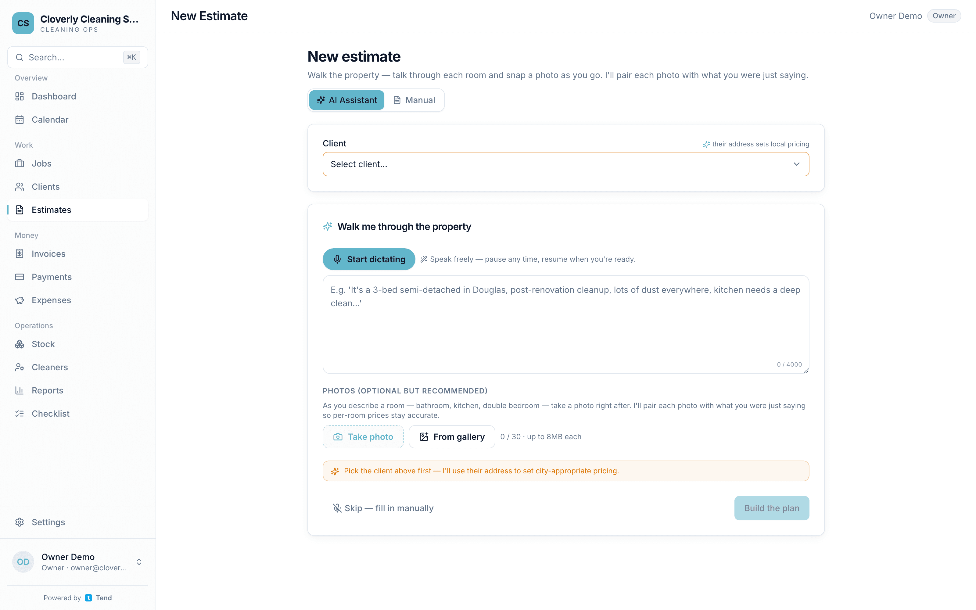 Tend AI estimate builder drafting a room-by-room quote
