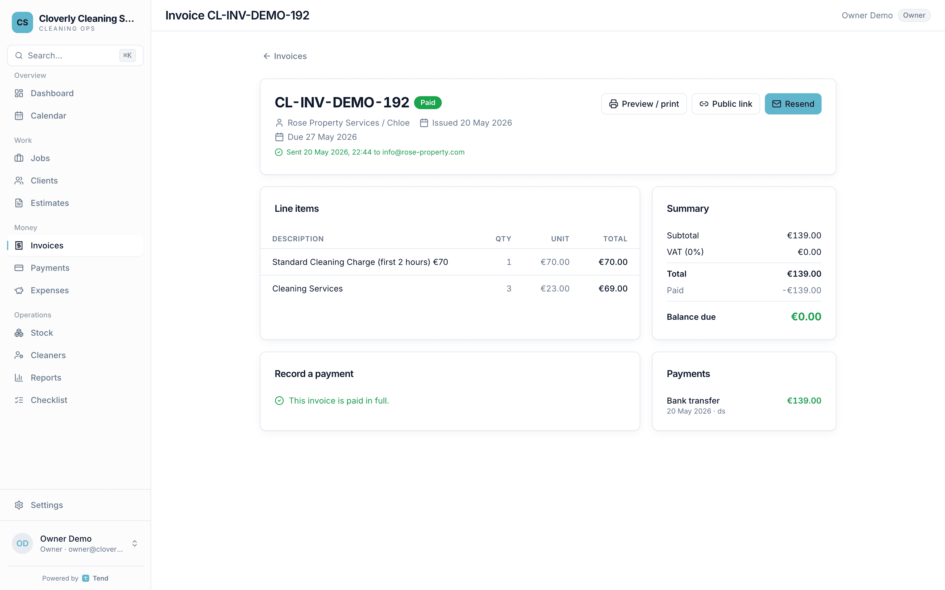 A branded Tend invoice with line items and payment status